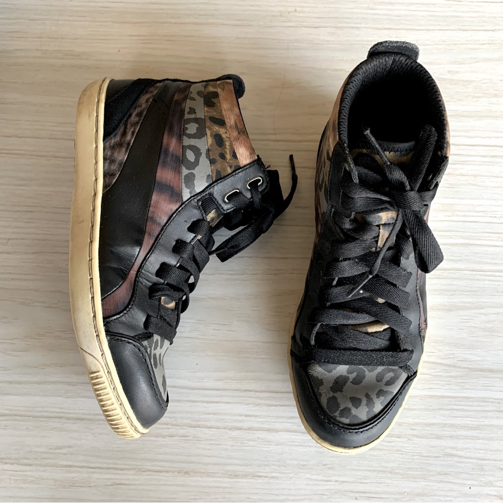 Puma High Top Sneakers Animal Print Size 6 Womens Leopard Black Leather